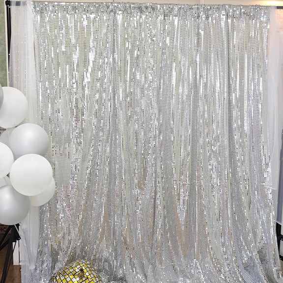 Silver Sequin Backdrop Curtain for Parties 4.5 x 8 ft 2 Panels 70s 80s Mirror Foil Background Glitter Sparkly Photography Photo Booth Birthdy, Disco Party Decorations