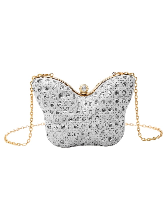 Silver Sequin Butterfly Shoulder Bag for Women, Premium-Quality Glitter Rhinestone Chain Evening Purse, Lightweight 0.57 lbs, 7.68 x 5.12 x 2.76 in for Wedding Parties