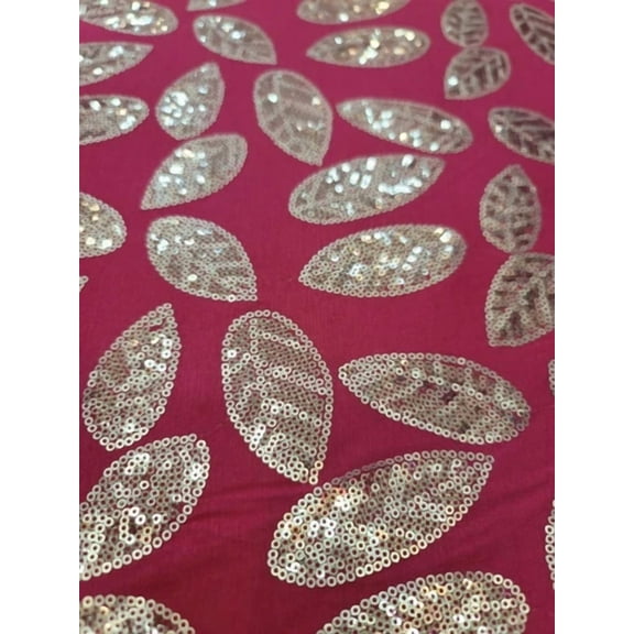 Silver Sequin Embroidery Leaves Hot Pink Stretch Jersey Knit Fabric By The Yard