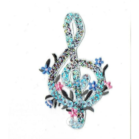 Silver Sequin - Music - G Treble Clef - Iron on Applique/Embroidered Patch