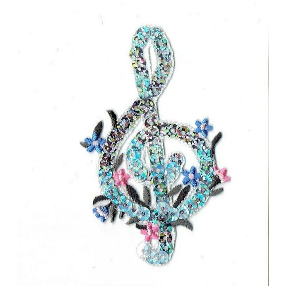Silver Sequin - Music - G Treble Clef - Iron on Applique/Embroidered Patch