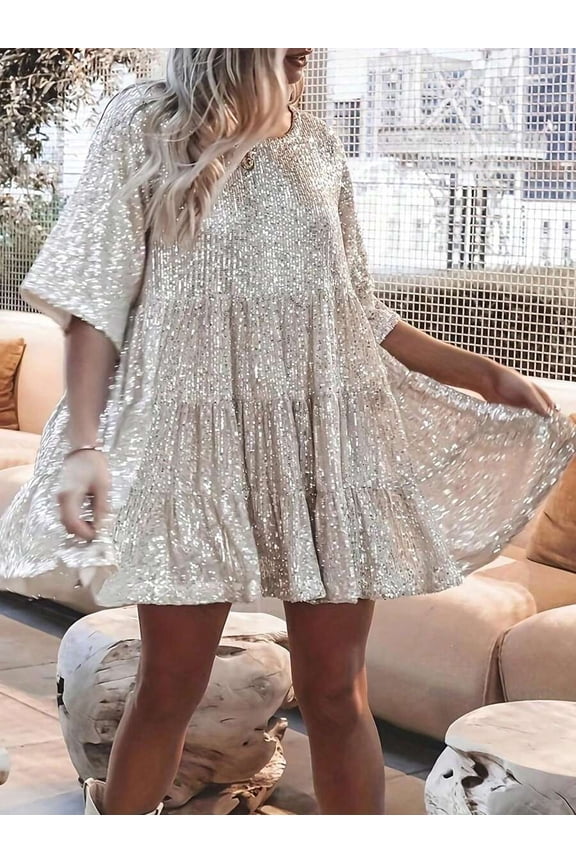 Silver Sequin Round Neck Mid-Sleeve Ruffle Hem Mini Dress For Women
