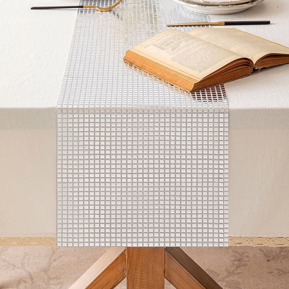Silver Sequin Runner 12x47 Inch – Iridescent Gingham for Coffee Table, Console, Glam Accent – Subtle Sparkle