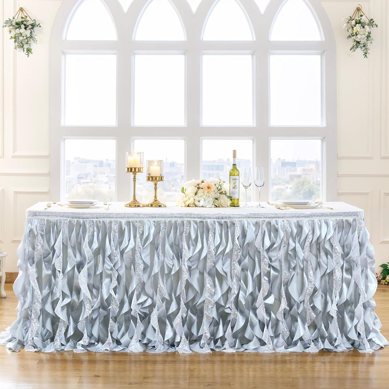 Wish Care 17ft White SatinTable Skirt For Rectangle Tables Wrinkle Free - View #10