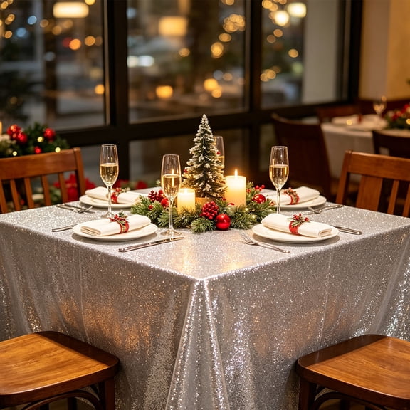 Silver Sequin Tablecloth 47.24x47.24in Sparkly Glitter Table Cover for Holiday Gathering Banquet Dinner Party and Special Celebration Decor