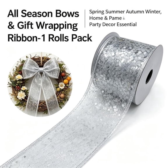 Silver Sequin Wired Edge Ribbon, Sparkly Glitter Fabric Ribbon, 2.5 Inch x 10 Yard, All Season Bow Gift Wrapping Decor