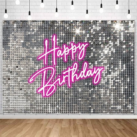 Silver Sequins Pink Neon Happy Birthday Backdrop for Photography Shining Flash Stars Shimmer Wall Decoration Banner Princess Girls Women Bday Party Background 7x5ft