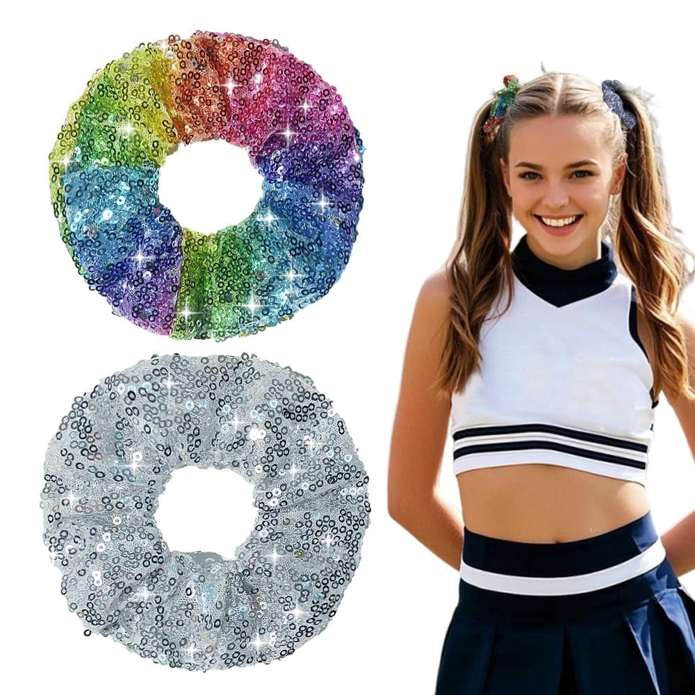 -Silver Sequins Scrunchies Disco Party Accessories for Women Girls Disco Hair Ties for Thick Thin Hair Sparkly Accessories for Dance Party Glitter Cheer Stuff for Cheerleaders Cheer Scrunchie 2