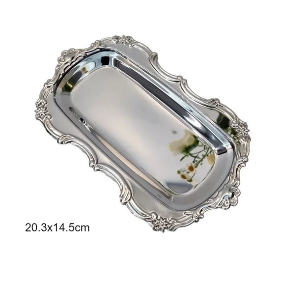 Silver Serving Tray Vintage Embossed Oval Serving Platter Metal Decorative Tray for Desserts Jewelry Sundries Organizer Style B