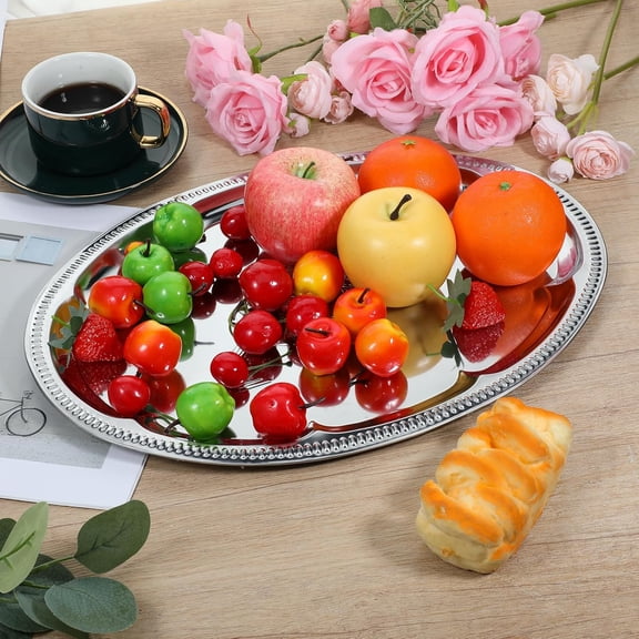 Silver Serving Trays, Stainless Steel Oval Serving Tray, Decorative Silver Plates, Oval Floral Engraved Tray, Metal Sizzler Plates for Coffee Table, Bar, Party, Club, Home