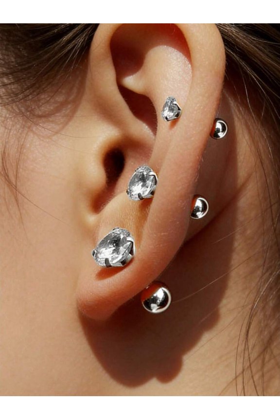 Silver Set CZ Stud Earrings 3-Pair Pack For Earlobe Helix Cartilage