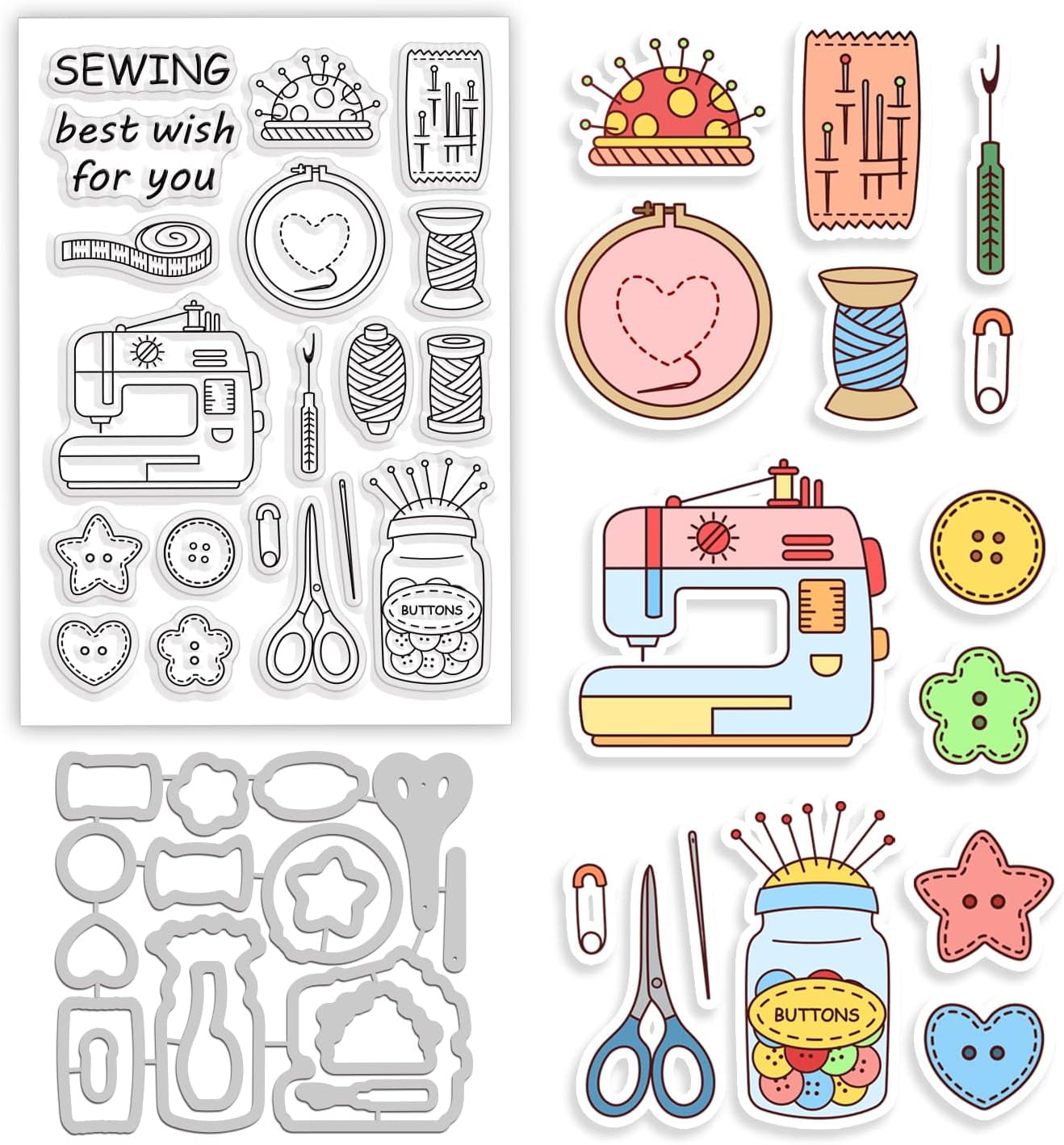 Silver Sewing Theme Cut Dies and Clear Stamp Button Sewing Machine ...
