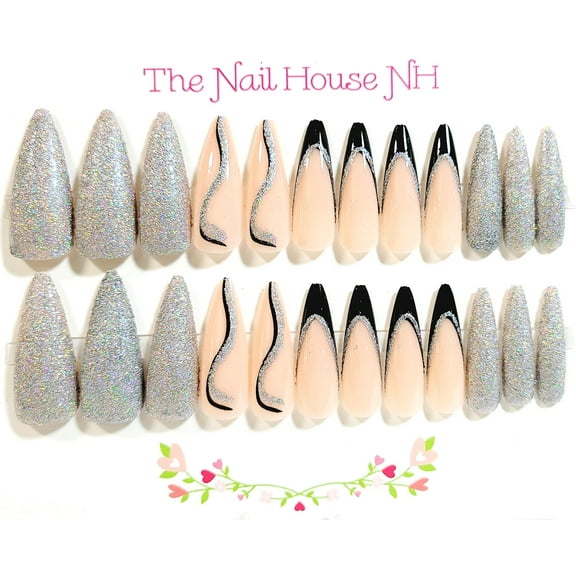 Silver Shimmer Glossy Long Stiletto Press On Nails - 24 Pieces - Artificial Nail Kit