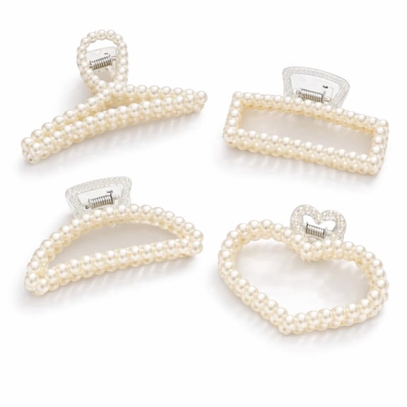 Silver Shimmer Society 4PCS Large Pearl Hair Claw Clips for Women & Girls Strong Hold Hair Clamps for Thick & Thin Hair Elegant Barrettes for Wedding, Party & Everyday Styling