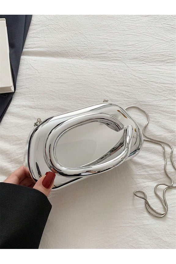 Silver Shiny Metallic Oval Clutch Bag With Snake Chain Strap Evening Purse