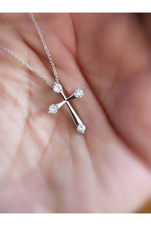 0.20Ct Round Cut Cubic Zirconia Cross Pendant Necklace 14K White Gold Finish Free Chain