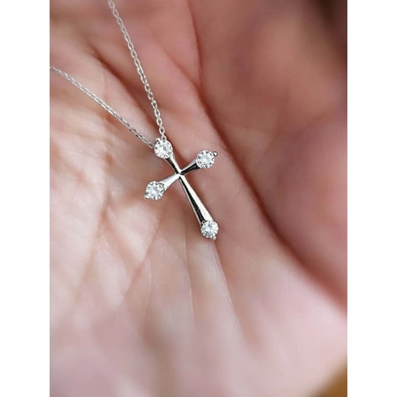Silver Shop 0.20Ct Round Cut Cubic Zirconia Cross Pendant Necklace 14K White Gold Finish Free Chain