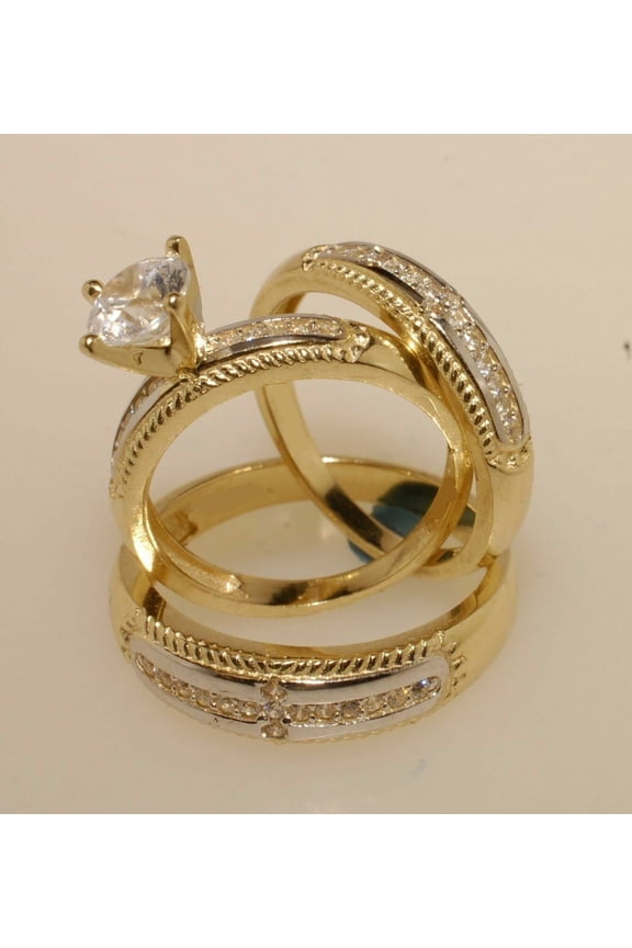 1.2Ct Round Cut Cubic Zirconia 14K Yellow Gold Finish Trio Ring Set His Her