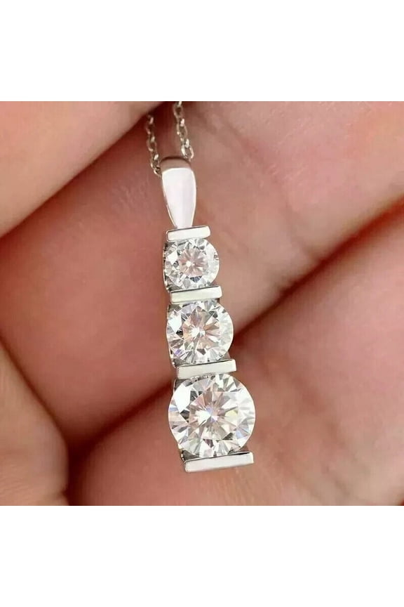 Round Cut Cubic Zirconia Three Stone Pendant 14K White Gold Finish