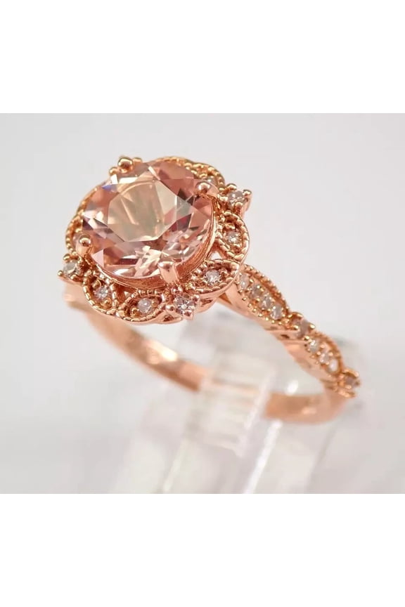 14K Rose Gold Finish 3Ct Round Cut Peach CZ Halo Engagement Ring