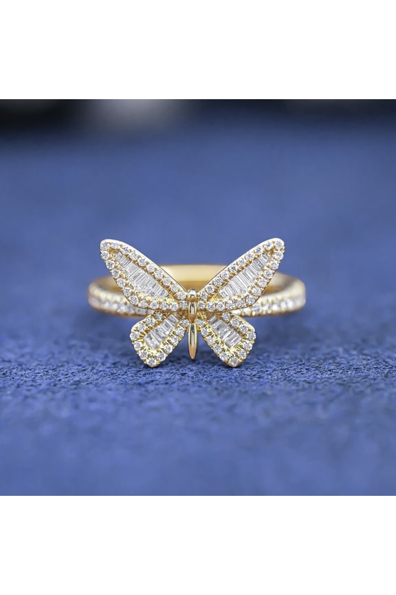 14K Yellow Gold Finish Butterfly Party Wear Ring Baguette Cut CZ Ring