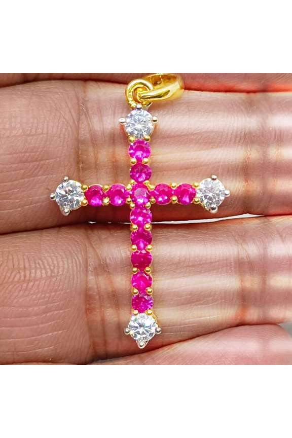 14K Yellow Gold Finish Silver Round Cut Pink CZ Cross Pendant Necklace