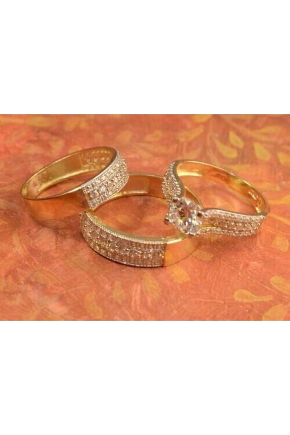 14K Yellow Gold Finish Trio His Her Bridal Wedding Band Cubic Zirconia Ring Set