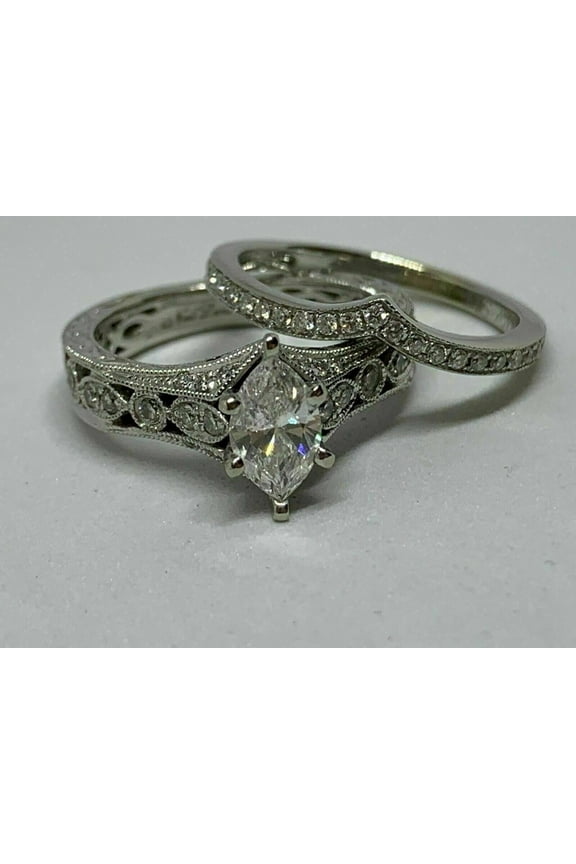 14k White Gold Finish Marquise Cubic Zirconia Engagement Wedding Ring Set