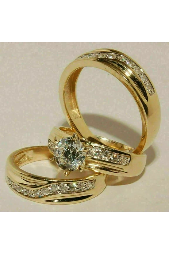 14k Yellow Gold Finish Trio His/Her Cubic Zirconia Wedding Band Ring Set