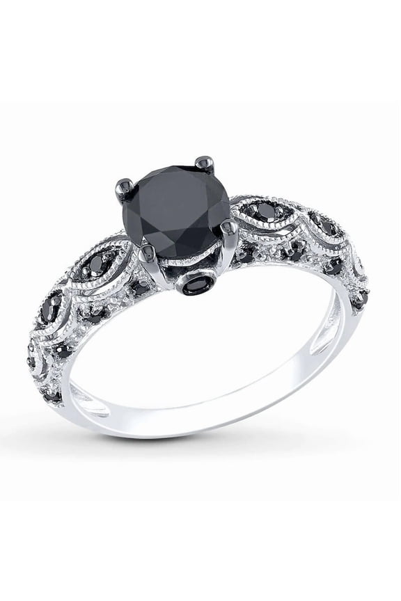Women's Engagement Ring Black Cubic Ziconia 14K White Gold Finish Silver
