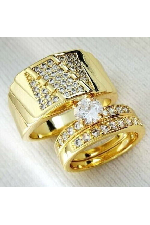 4Ct CZ Wedding Engagement Trio Ring Set 14k Yellow Gold Finish