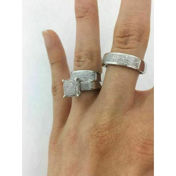 Silver Shop Bridal Engagement Ring His &Her Trio Band Wedding Set 14K White Gold Finish