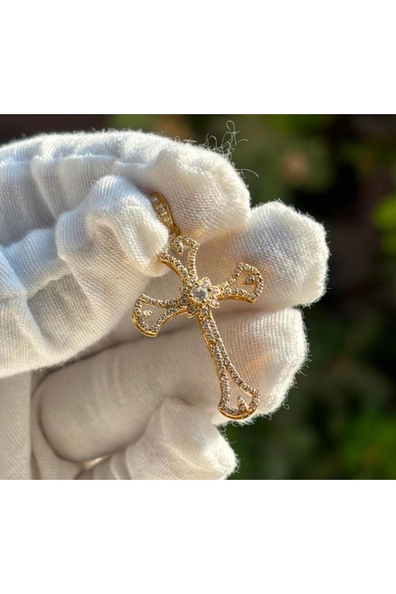 Cross Pendant Round Cut Cubic Zirconia 14K Yellow Gold Finish Silver