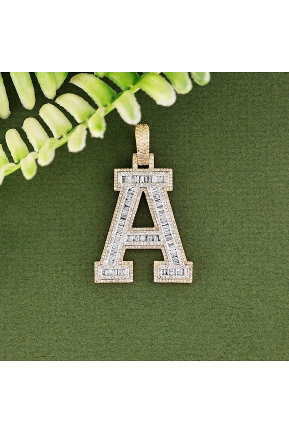 Customize Initial A Letter Pendant Baguette Cut CZ 14K Yellow Gold Finish Silver