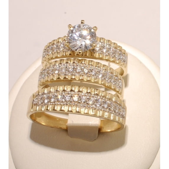 Silver Shop His & Her Trio Ring Set 2 Ct Round Cut Cubic Zirconia 14K Yellow Gold Finish