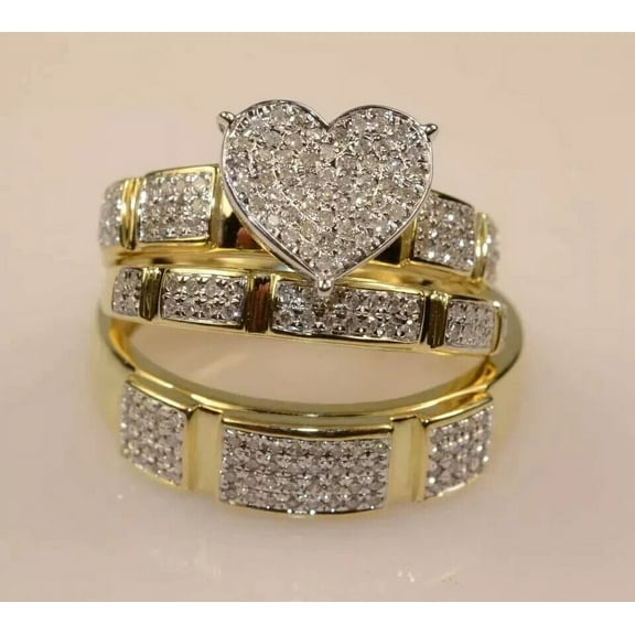 Silver Shop 14k Yellow Gold Finish 3Ct Cubic Zirconia Trio Wedding Band Ring Set