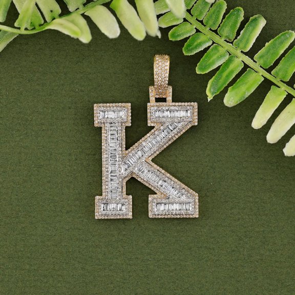 Silver Shop Men's Baguette Cut CZ 14K Yellow Gold Finish Silver Customize K Letter Pendant For Gift