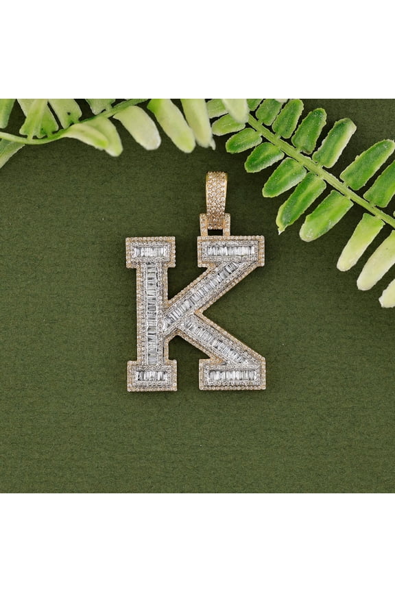 Men's Baguette Cut CZ 14K Yellow Gold Finish Silver Customize K Letter Pendant For Gift