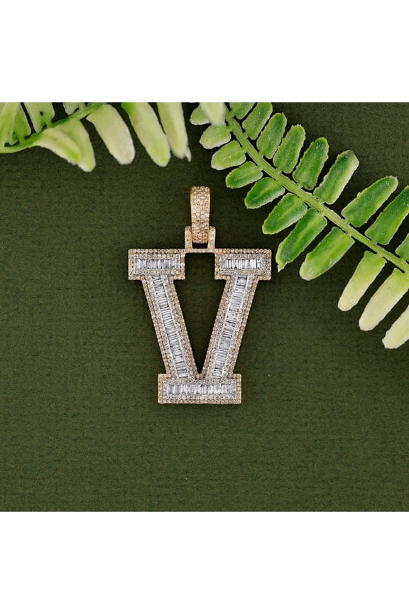 Men's Baguette & Round Cut Cubic Zirconia Initial Letter V Pendant 14K Yellow & White Gold Finish Silver