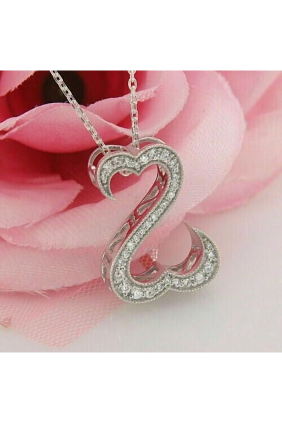 Open Heart Round Cut CZ Pendant Necklace 14k White Gold Finish