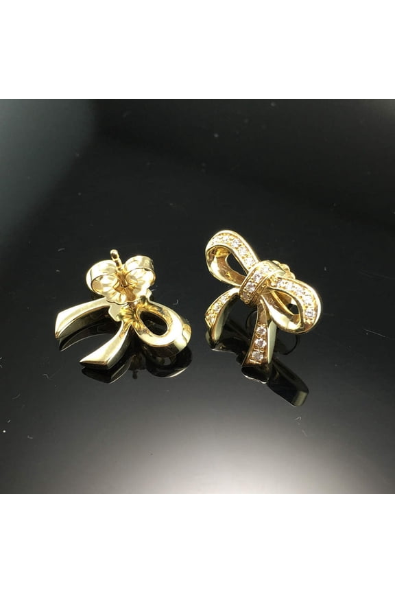 Pretty 14K Yellow Gold Finish Silver Round Cut Cubic Zirconia Bow Earrings For Gift
