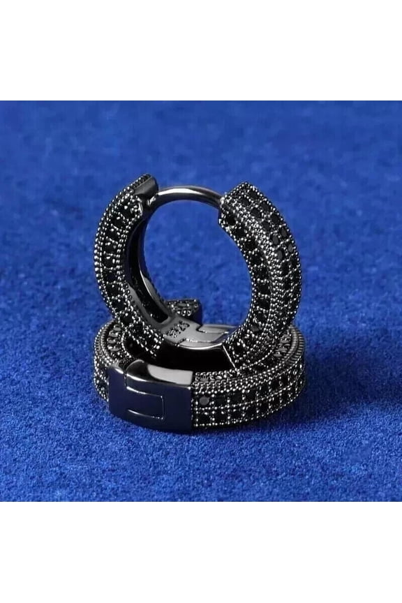 Round Cubic Zirconia Men's Hoop Earrings 14K Black Gold Finish