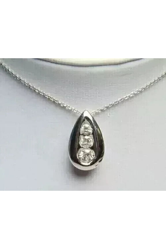 Round Cubic Zirconia Three Stone Teardrop Pendant 14k White Gold Finish