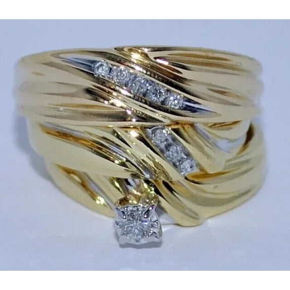 Silver Shop His Her Wedding Wear Trio Ring Set Round Cut Cubic Zirconia 14K Yellow Gold Finish