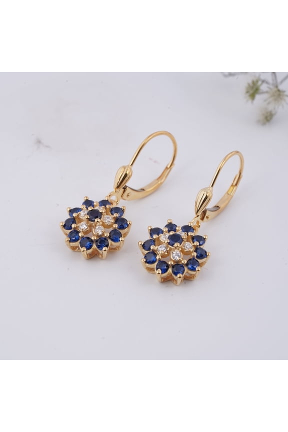 Round Cut Blue CZ Flower Drop Leverback Earring 14K Yellow Gold Plated Silver
