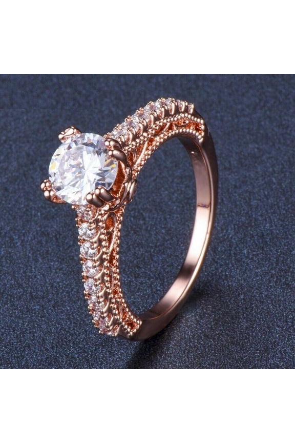 Round Cut Cubic Zirconia Ring 14k Rose Gold Finish Stylish Milgrain
