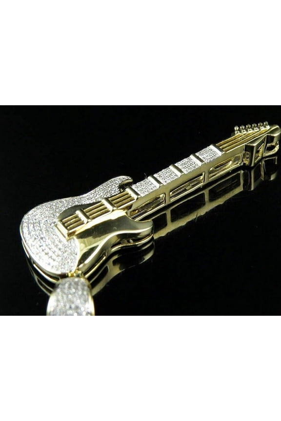 Round Cut CZ 14K Yellow Gold Finish Silver Music Rock Electric GUITAR Pendant