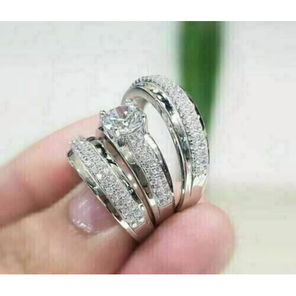Silver Shop 14K White Gold Finish 3Ct Round Cut Cubic Zirconia His & Her Trio Ring Set