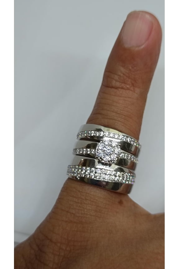 Round Cut Cubic Zirconia Bride & Groom 14K White Gold Finish Silver Trio Ring Set