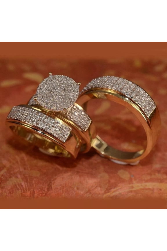 Trio Rings For Couple, 14K Gold Finish His & Her Engagement Rings, Bridal Ring Set, Best Wedding Bands for Men and Women Ring